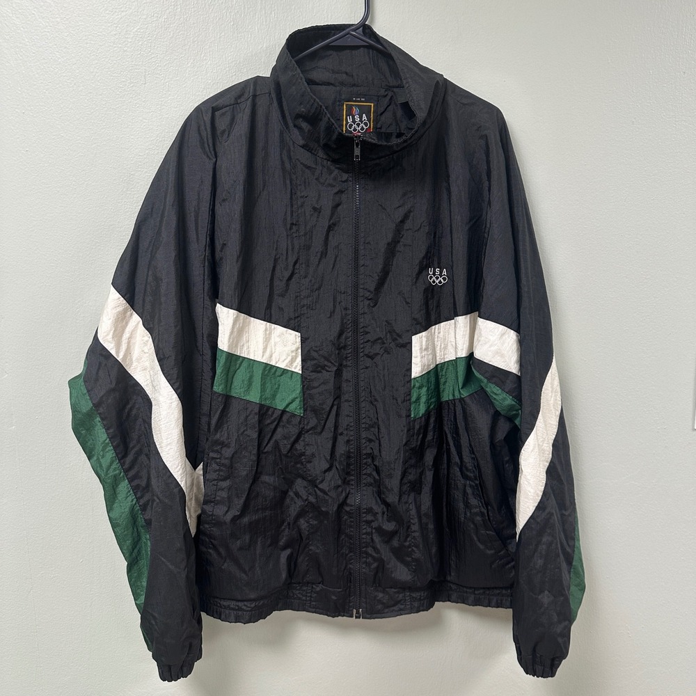 Vintage USA Olympic Track Jacket Mens Large Black Green Colorblock Windbreaker